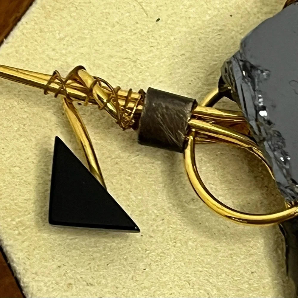 Vintage Takashi Honda Gold Tone and Black Leather Geometric Brooch